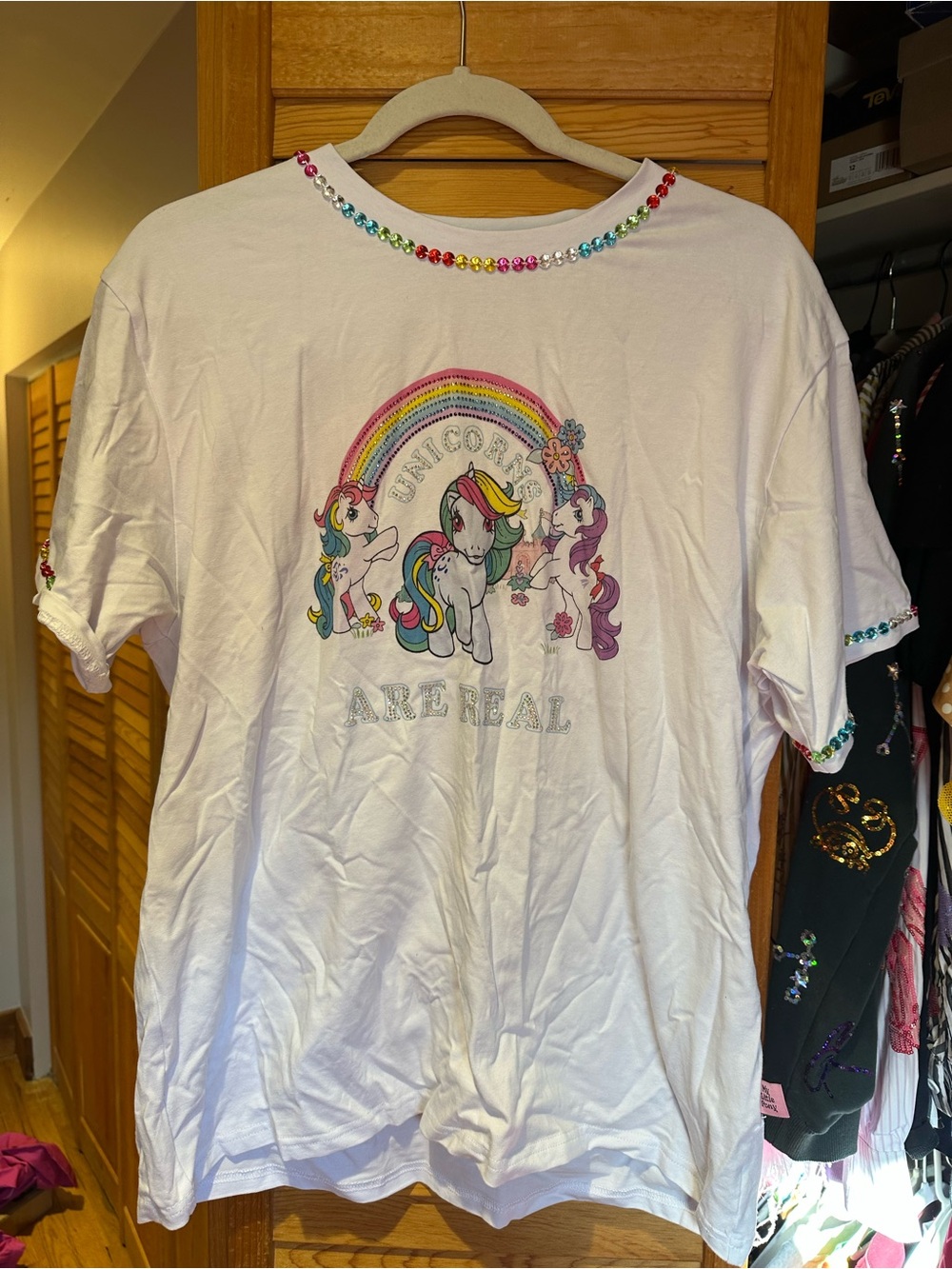 Lola + The Boys White Tee with Rainbow Unicorns and Gem Trim